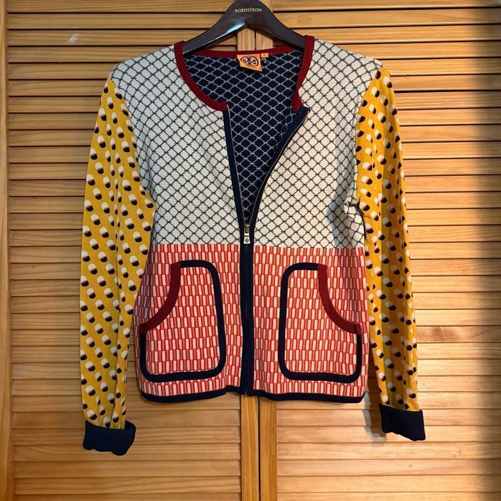 Tory Burch Navy and Cream Geometric Sweater with Red Trim size medium